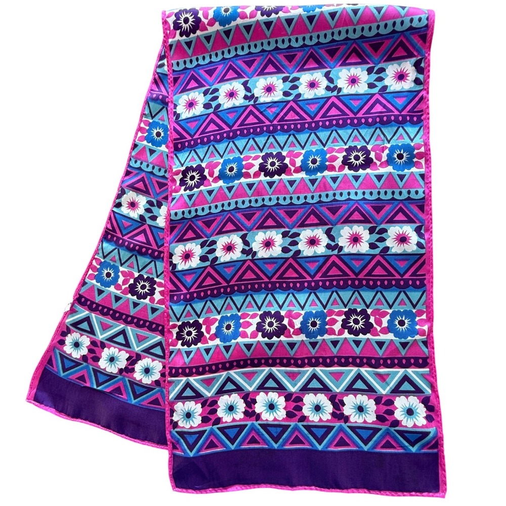 Vintage Floral Geometric Acetate Scarf Pink Purple Blue Made in Japan RN 25459